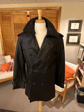 Michael Kors Black Leather Double-Breasted Trench Coat